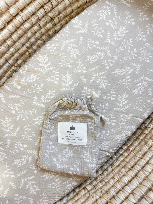 Drap-housse | Coton biologique | Beige et feuilles blanches